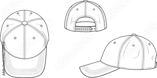 Baseball cap technical sketch, top view, side view, rear view, vector fla