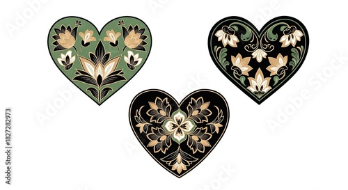 Three Ornate Heart-Shaped Designs with Floral Patterns on White Background.
