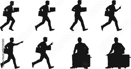 Cad drawing flat vector illustration of male delivery worker running walking carrying box and luggage courier service silhouette design
