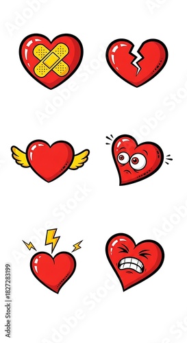 Set of six cartoon red heart illustrations depicting various emotions and conditions.