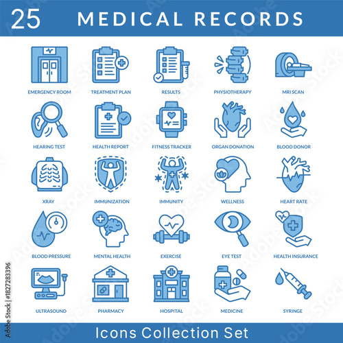 Medical Records icon set collection in blue style. an icon pack contain physiotherapy, immunization, immunity, wellness, heart rate, blood pressure, mental health, exercise, eye test