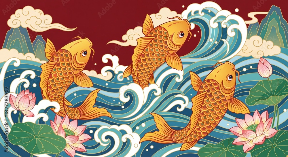 Obraz premium Golden carp fish jumping over waves with lotus flowers and mountains background success symbol vector illustration.