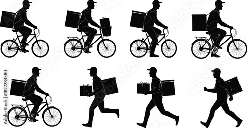 delivery man riding bicycle, courier carrying parcel, food delivery worker running, online shopping logistics, express shipping service vector illustration