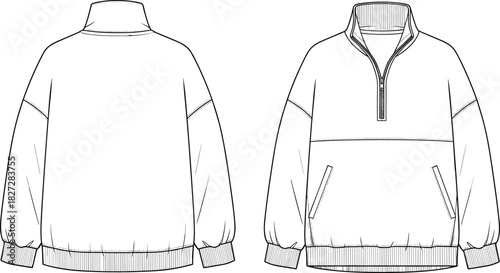 Half-zip pullover fashion sketch, voluminous sleeves, front and back view, casual wear, cad drawing flat vector illustration, garment template