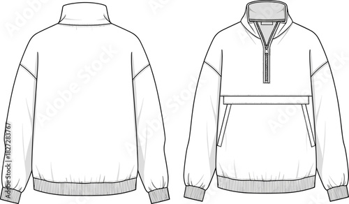 Half-zip pullover jacket fashion sketch, welt pockets, yoke seam, front and back view, cad drawing flat vector illustration