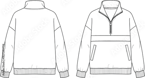 Half-zip pullover jacket fashion sketch, zippered pockets, front and back view, casual wear, cad drawing flat vector illustration