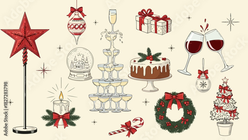 Festive Holiday Celebration Elements Stars Gifts Bubbly and Sweets Collection