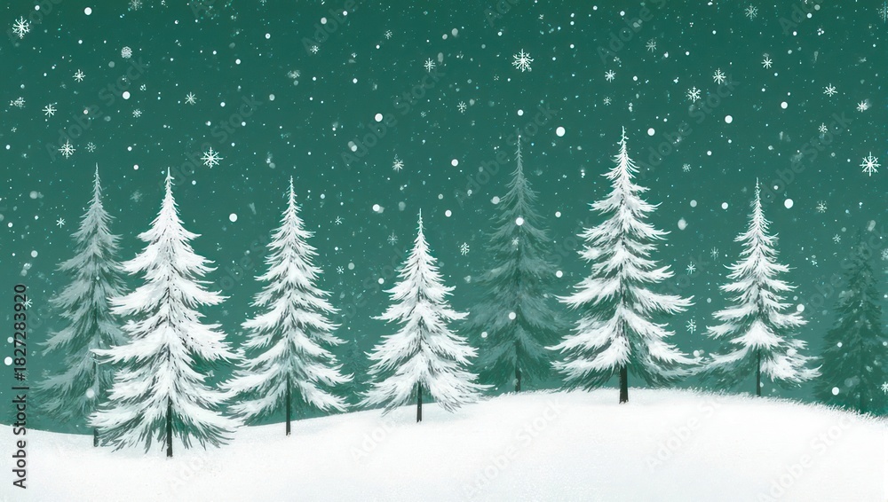 Fototapeta premium Winter scene snowy evergreen trees against a teal, snowy sky