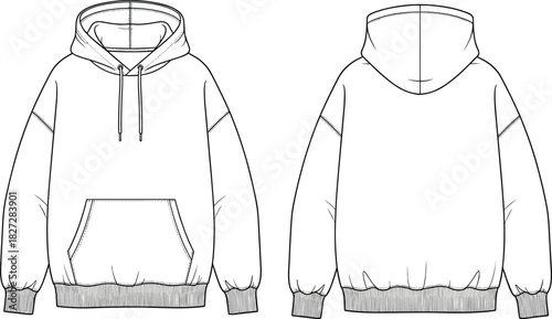 Hoodie fashion flat sketch, front and back view, sweatshirt technical drawing, casual apparel design template, vector illustration for clothing mockup, CAD