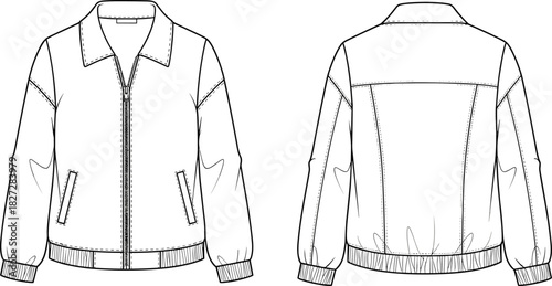 Men bomber jacket technical flat sketch, zipper outerwear vector illustration, fashion cad drawing, clothing design template, apparel technical drawing for production