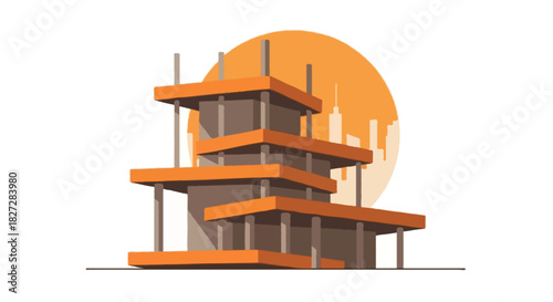 Flat vector multi-floor construction building with thick horizontal beams and simple vertical pillars