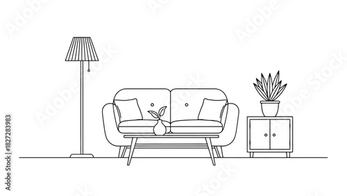 Clean Line Art Illustration of Modern Living Room Furniture with Sofa and Plant
