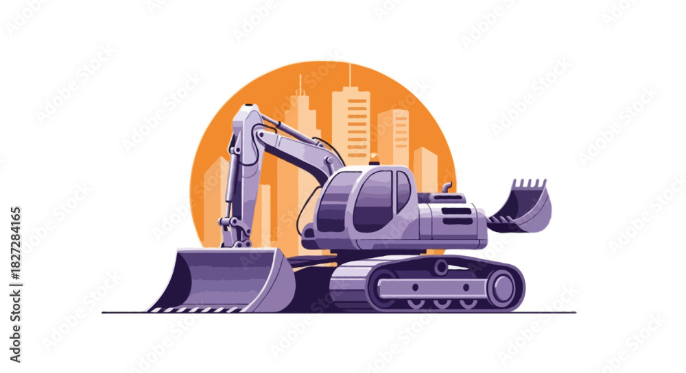 Fototapeta premium Flat vector illustration of an excavator with a rounded cabin, short boom arm
