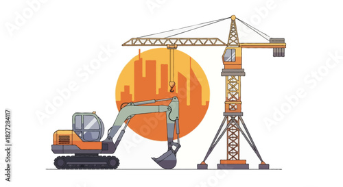Flat vector illustration of a unique construction scene featuring a tower crane on the right and a compact excavator on the left