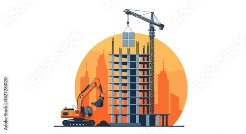 Flat vector illustration showing a tall asymmetric building frame, large excavator on the left, crane on the top placing a panel