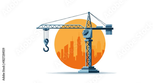 Flat vector illustration of a futuristic tower crane with angular geometric shapes