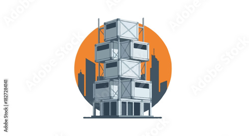 Flat vector boxy modular building under construction, stacked square modules, exposed edges, simple steel connectors