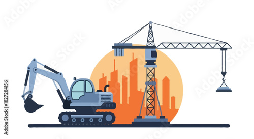 Flat vector illustration of a unique construction scene featuring a tower crane on the right and a compact excavator on the left