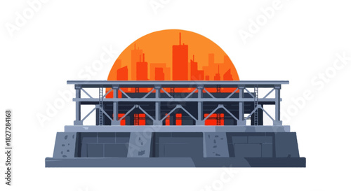 Flat vector heavy industrial building with thick foundation blocks, wide base, upper-level beams extended outward, mechanical-looking supports