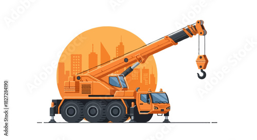 Flat vector illustration of a mobile crane with a wide compact body, oversized wheels, telescopic boom extended upward, unique hook block
