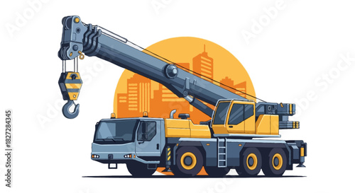 Flat vector illustration of a mobile crane with a wide compact body, oversized wheels, telescopic boom extended upward, unique hook block