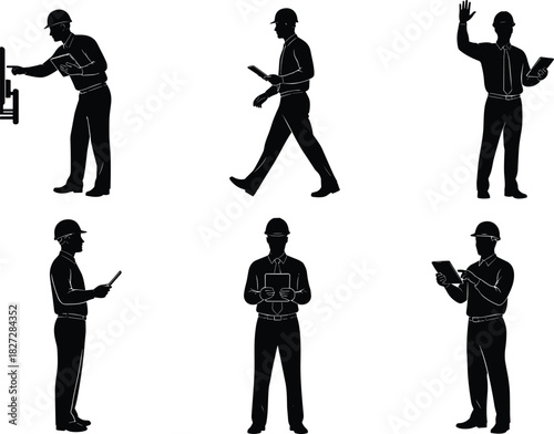 Silhouette construction engineers and architects using digital tablets, inspecting site plans, walking, communicating, and monitoring project progress on construction site, teamwork concept