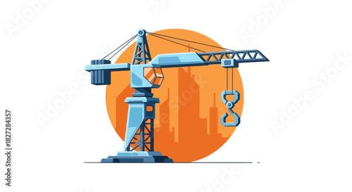 Flat vector illustration of a futuristic tower crane with angular geometric shapes
