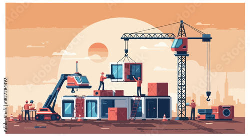 Flat vector illustration of a futuristic modular building construction scene