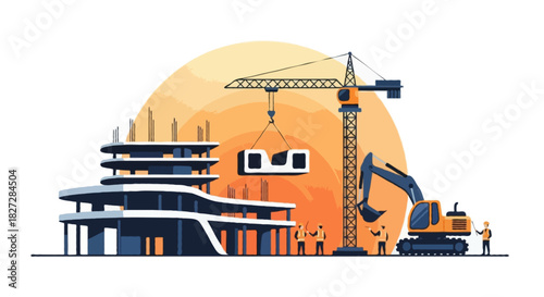 Flat vector illustration of a modern construction site scene featuring a wide