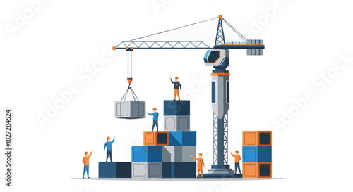 Flat vector illustration of a futuristic construction crane lifting modular building blocks