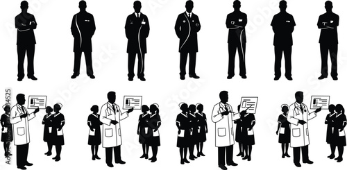 Silhouette illustration of doctors and nurses discussing reports, medical teamwork concept, hospital staff collaboration, healthcare professionals communication and management meeting