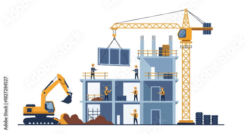 Flat vector illustration of a multi-level building under construction