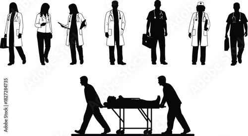 Silhouette of doctors, nurses, and medical staff with patient stretcher, hospital teamwork concept, healthcare professionals illustration for emergency care design