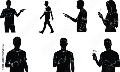 Silhouette people using smart wearable devices and mobile technology, modern lifestyle, digital communication, innovation, wireless connection, futuristic gadget concept