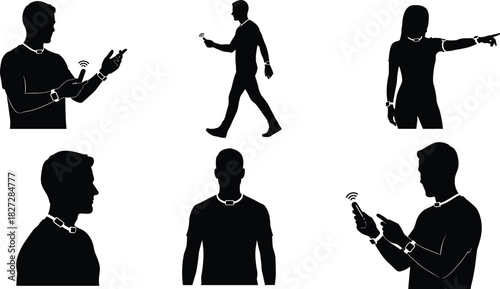 Silhouette people using modern smart wearable technology devices, smartwatch, smartphone, and digital gadgets communication concept in futuristic lifestyle illustration
