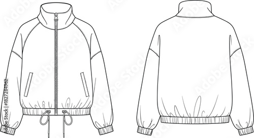 Technical fashion flat sketch of drawstring hem jacket, front and back view, CAD drawing, vector illustration, garment design template, outerwear