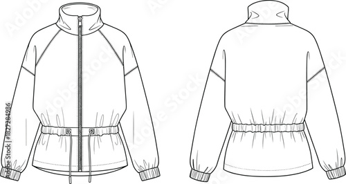 Technical fashion flat sketch of drawstring jacket, front and back view, CAD drawing, vector illustration, garment design, outerwear template