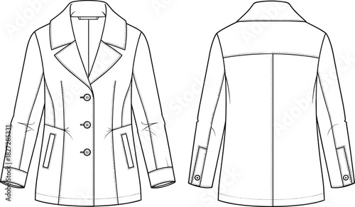 Women button front blazer technical fashion flat sketch, stylish coat vector illustration, clothing design template, cad drawing apparel design