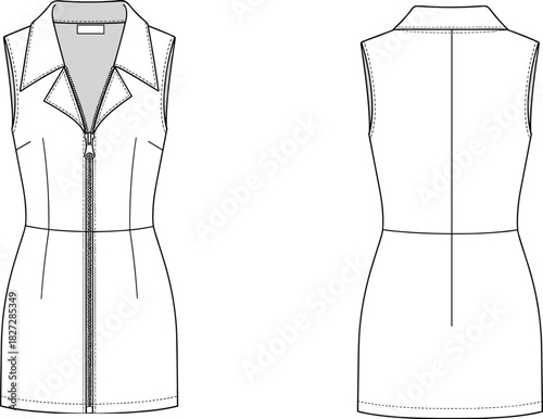 Women sleeveless zip front dress technical flat sketch, fashion cad drawing, vector illustration, apparel design, garment template for clothing production