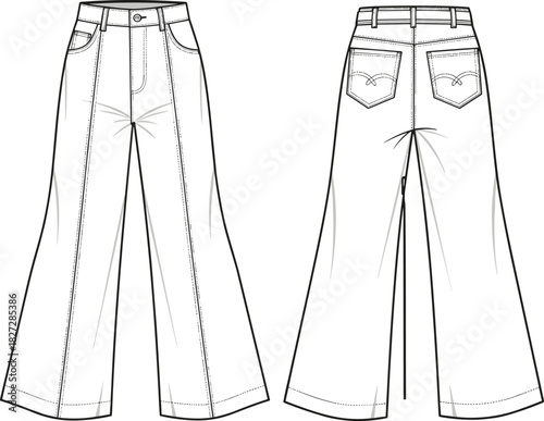 Women’s wide leg jeans technical flat sketch, high waist denim pants fashion template, front and back view, CAD clothing vector illustration