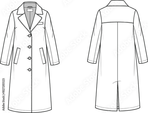Women's long trench coat technical flat, overcoat fashion CAD template, vector apparel illustration, clothing design drawing, sewing pattern for designers