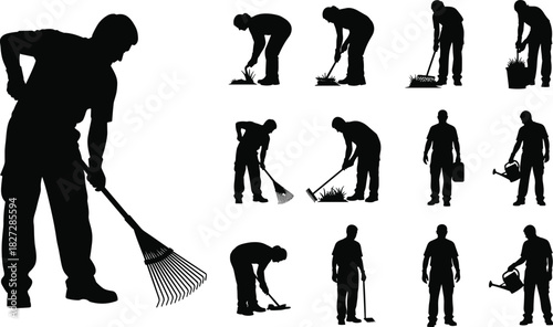 Collection of black silhouette vector illustrations of male gardeners working with rakes and watering cans, isolated on white background, landscaping service concept.