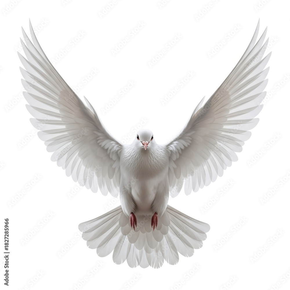 Obraz premium A beautiful white dove with wings spread wide flying isolated on white background