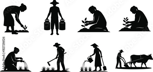 Collection of farmer silhouettes working in field including planting, watering, carrying milk, and plowing with ox, vector illustration set for agriculture design