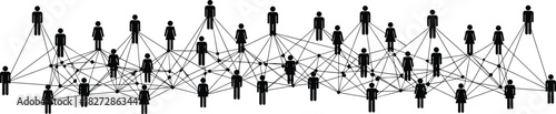 Complex social network connection diagram, illustrating global communication, data sharing, community, and intricate collaboration between abstract people icons, vector illustration.