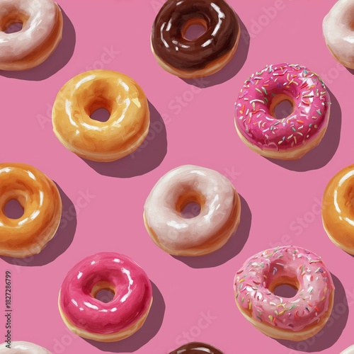 A seamless pattern of multicolored donuts with pink icing and sprinkles on a bright pink background is a fun and playful illustration of the dessert.
