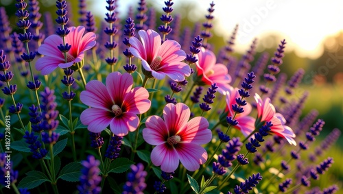 Fototapeta Naklejka Na Ścianę i Meble -  Pink flowers and lavender in sunny garden