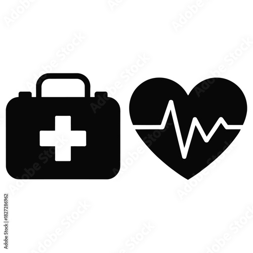 First aid kit and heart with pulse isolated on