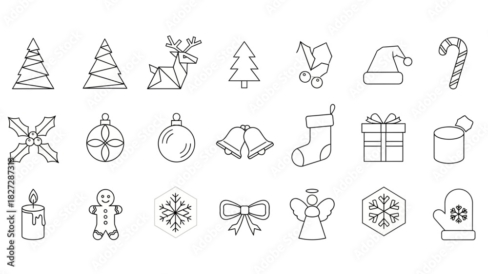 Fototapeta premium Festive Christmas Icons Outline Set for Holiday Designs