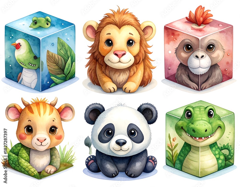 Obraz premium Cute watercolor-style cartoon animals displayed inside colorful translucent cubes